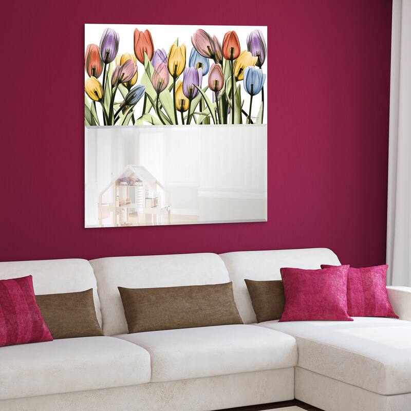 "Tulip Scape" Square Beveled Mirror on Free Floating Printed Tempered Art Glass - Clear - 38 x 38