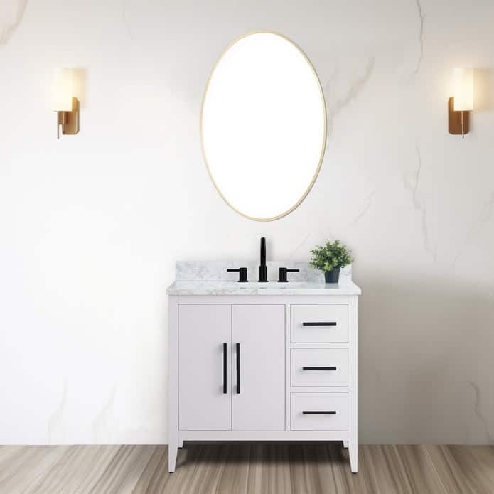 Vanity Art 36" Single Sink Bathroom Vanity Cabinet with Engineered Marble Countertop - 36"/Matte Black Handle - White