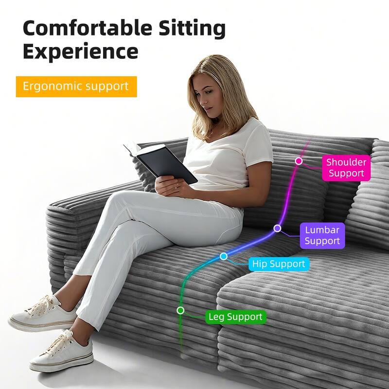 102.4 " Corduroy Modular Sofa, Modern Upholstered Sofa Cloud Couch, Deep Seat Couches w/ Pillows, Movable Ottoman for Apartment