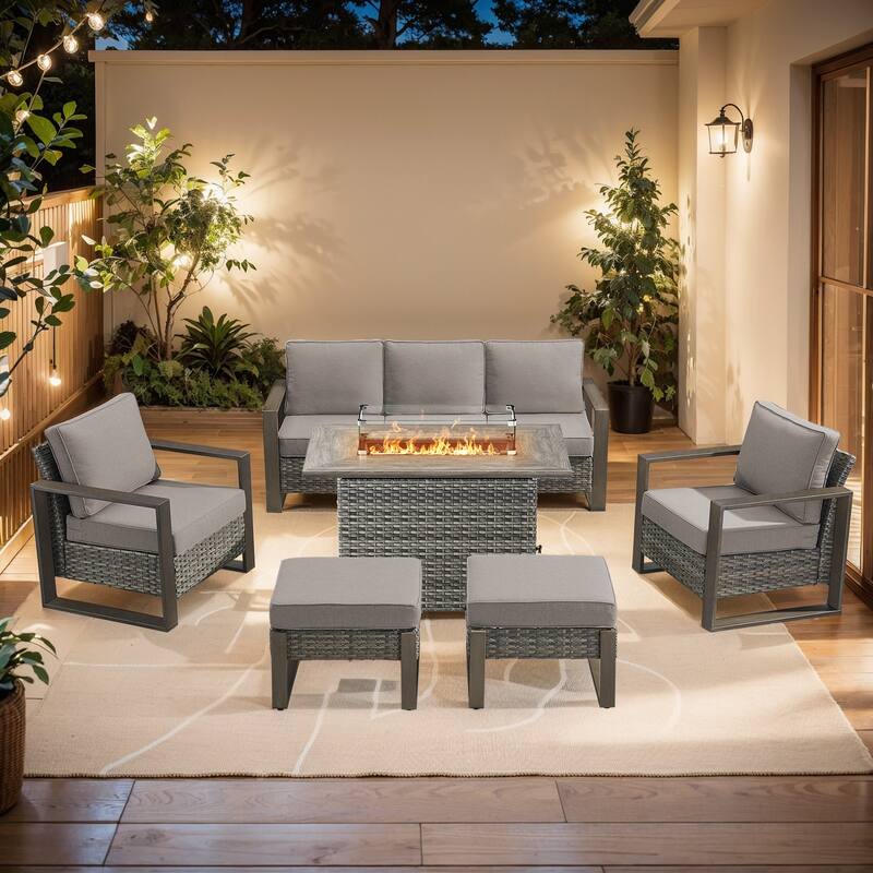 Pocassy Fire Pit Table with Outdoor Sofa Chair Ottoman Set - Grey Wicker Gray Cushion - 6-Piece Sofa Patio Chair Ottoman with Fire Table