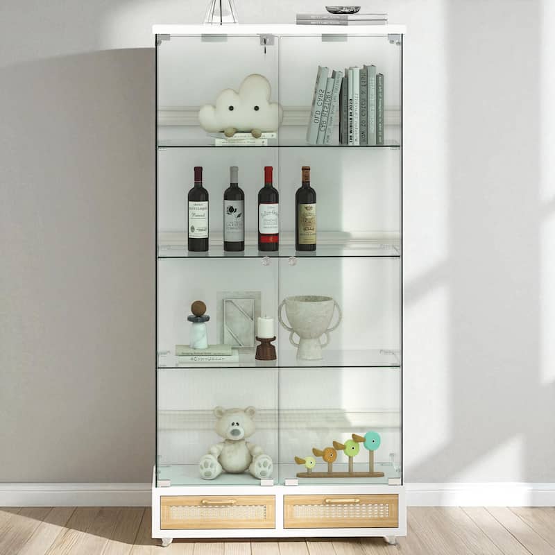 65.9" Modern Glass Display Cabinet with LED Lights, 2 Large Drawers & 4 Shelves, Lockable Storage Case - White
