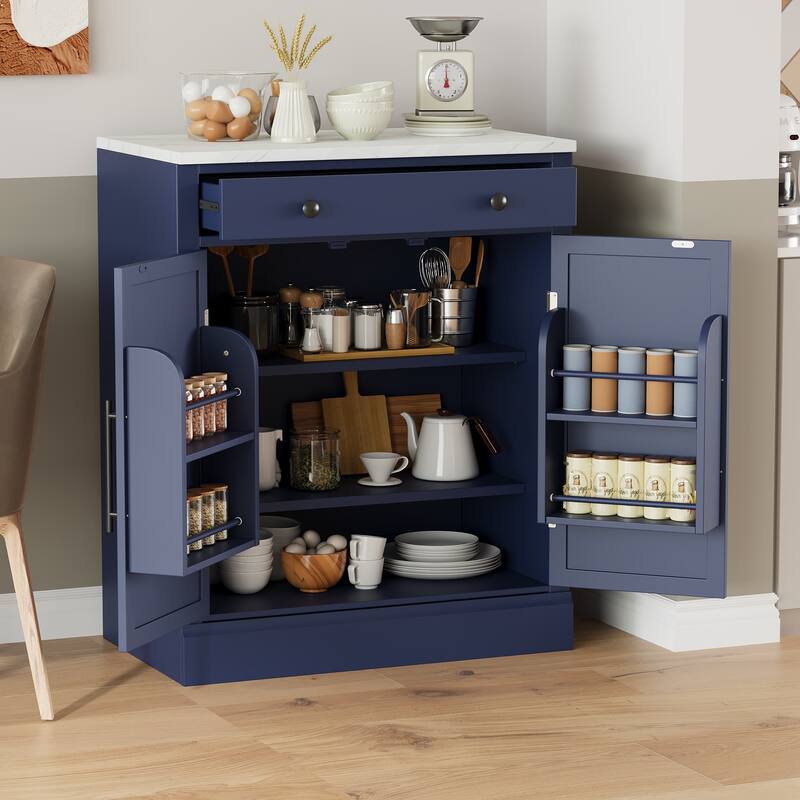 Modern Freestanding Kitchen Pantry,Buffet Food Storage, Coffee Bar Cabinet with Drawer, 2 Adjustable Shelves , Set of 2