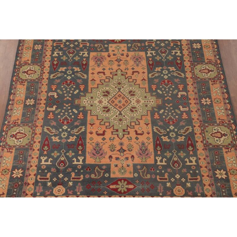 Geometric Kazak Area Rug Handmade Traditional Grey Wool Carpet - 7'9"x 9'9"