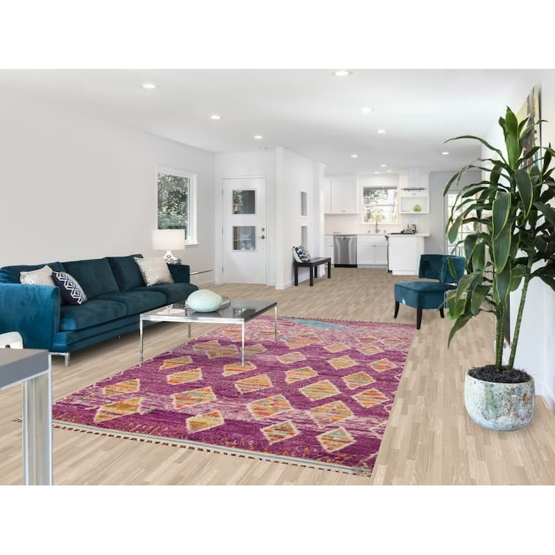 Geometric Purple Moroccan Abstract Area Rug Hand-Knotted Wool Carpet - 5'8"x 10'3"