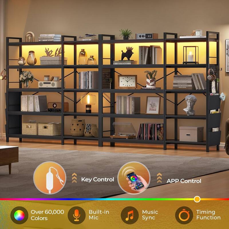 LED 5 Tier Bookshelf 55 inch Wide Bookcase Pegboard Storage Bag