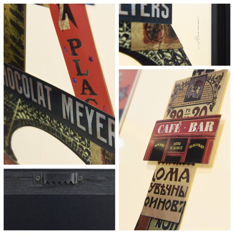 "Eiffel Tower" Alex Zeng's dimensional collage, under glass & a black shadow box frame