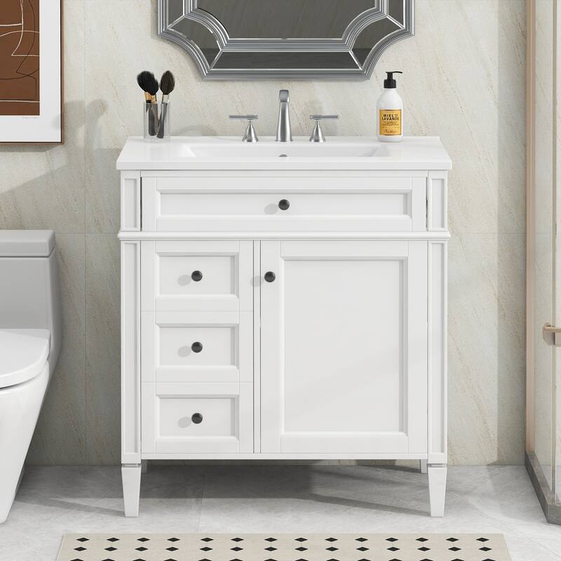GDFStudio - Halmore Modern Freestanding Bathroom Vanity with Resin Sink, 2 Storage Drawers and a Tip-Out Drawer - 30'W - White+Black