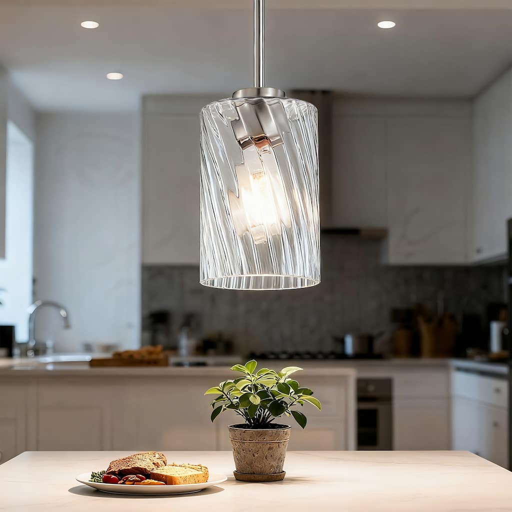 Brushed Nickel 1-Light 5 inch Mini Pendant with Clear Swirl Glass Shade