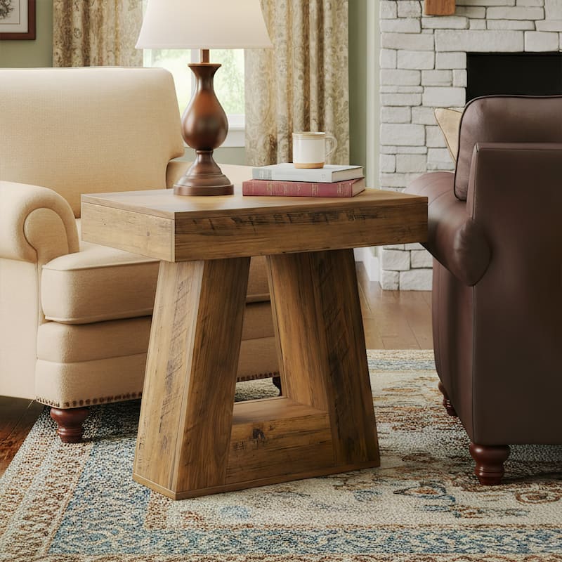 24" Modern Side Table, 2-Tier Narrow End Table with Trapezoid Base - Brown - 1 pack