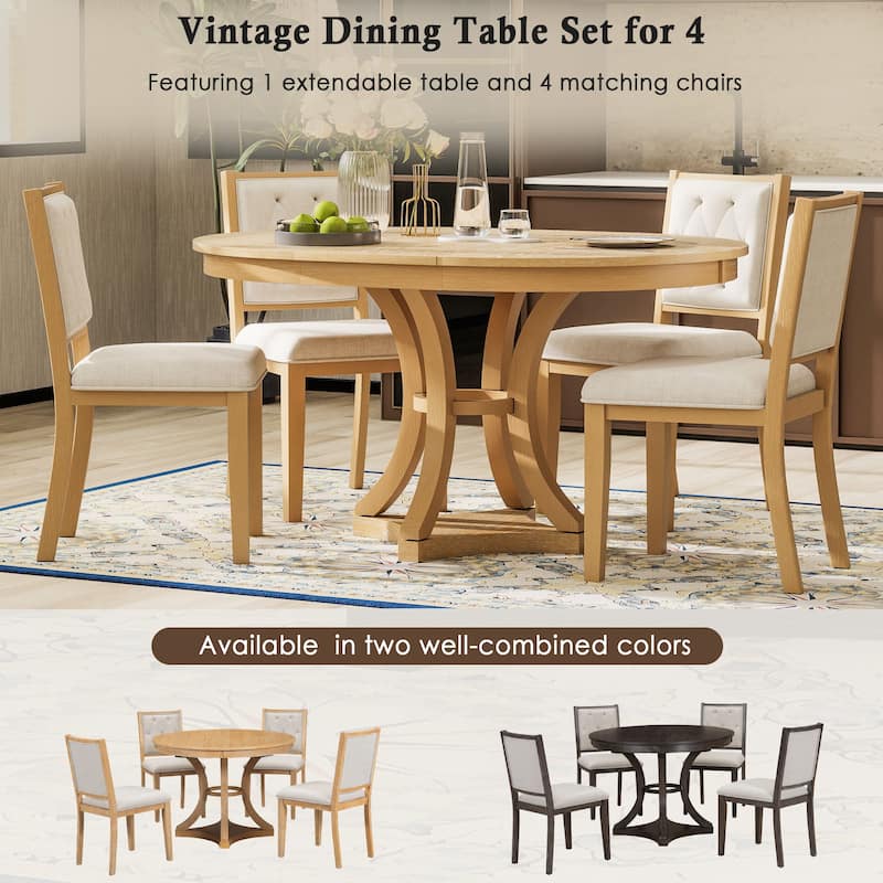 5-Piece Retro Functional Dining Table Set Extendable Round Table and 4 Upholstered Chairs for Dining Room and Living Room