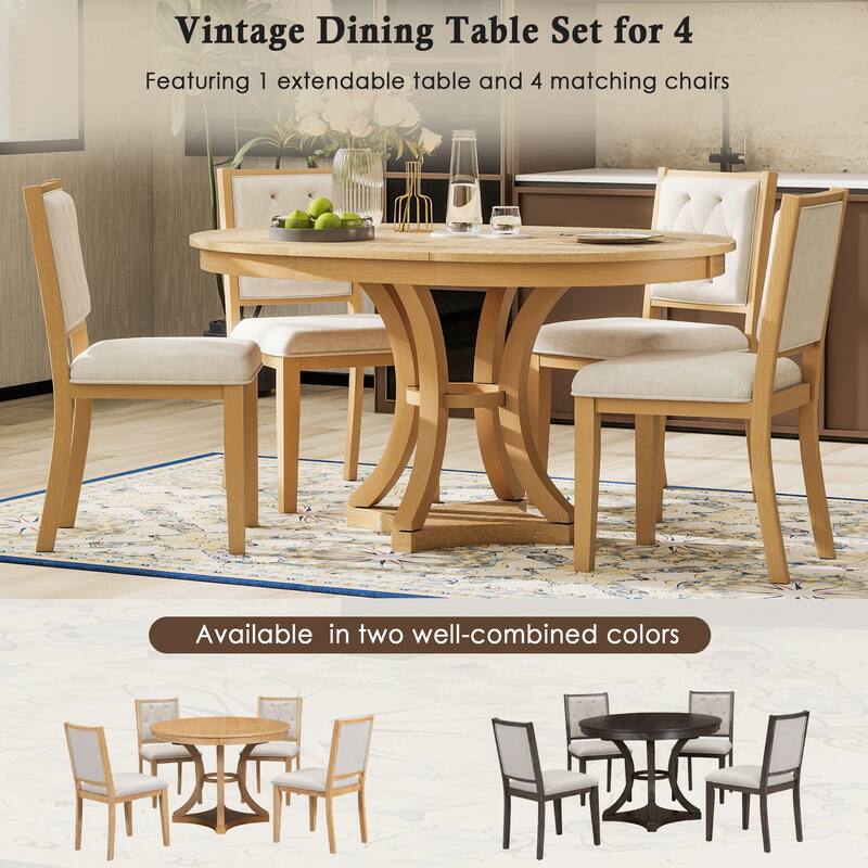 Natural Round Table & 4 Chairs Set with Upholstered Chairs, 5-Piece Retro Dining Set with Extendable Round Table