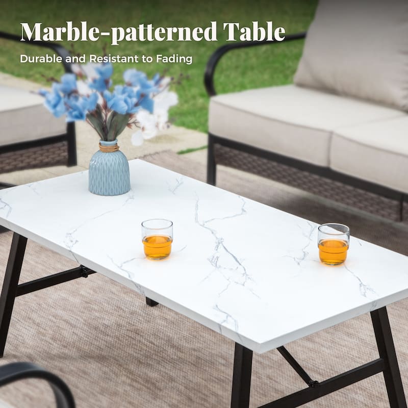 MAISON ARTS 5-Seat Outdoor Patio Furniture Sets, 2 x Cushioned Chairs, 1 x 3-Seat Sofa with Marbling Coffee Table