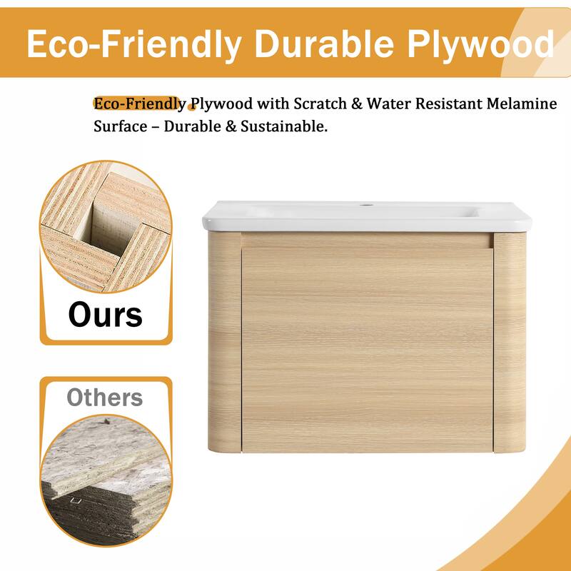 Malwee 28"/40"/52"/68" Floating Bathroom Vanity, Wall Mounted Bathroom Vanity with Ceramic Sink,Soft Close Door and Shelf