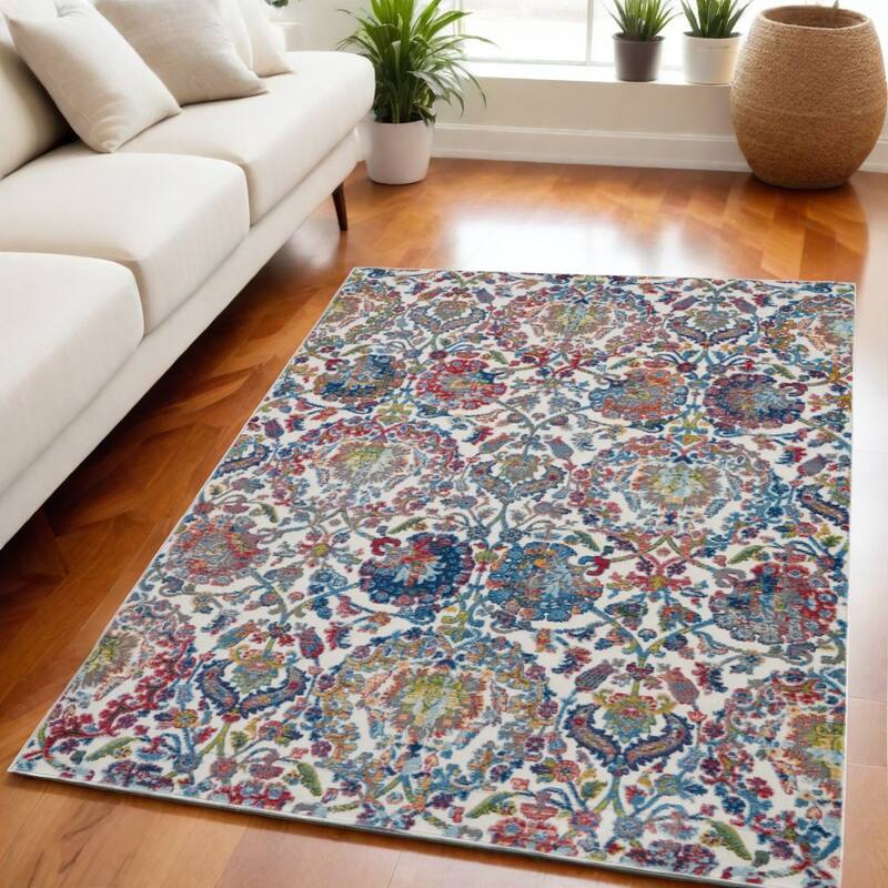 Jaguh Power Loomed Distressed Floral Traditional Non Skid Area Rug By HomeRoots - 90' X '63' X '0.5 - 90' X '63' X '0.5 - Oxford Blue - Rectangle