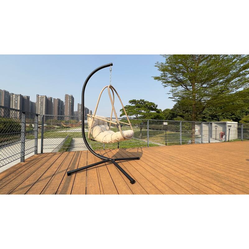 Swing Egg Chair with Stand and Cup Holder, Basket Hanging Chair with Cushion & Pillow Patio Wicker Hanging Chair
