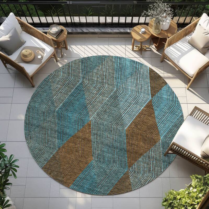 Machine Washable Indoor/ Outdoor Diamond Stripes Chantille Rug - Teal - 8' x 8'