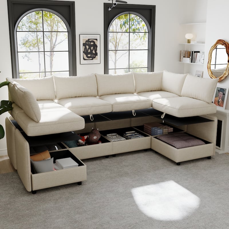 L Shaped Modular Sectional Sofa with Storage, Convertible 8 Seater Sofa with Chaise & Ottoman, Chenille Fabric Sleeper Sofa