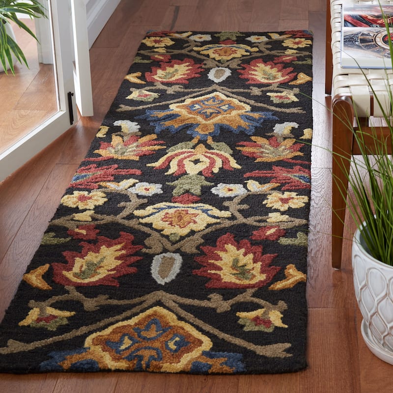 SAFAVIEH, Handmade Marietje Blossom French Country Wool Area Rug - 2'3" x 20' Runner - Charcoal/Multi