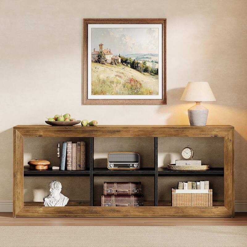 63-Inch TV Stand, Farmhouse Entertainment Center with 6 Open Storage Cubes for Living Room