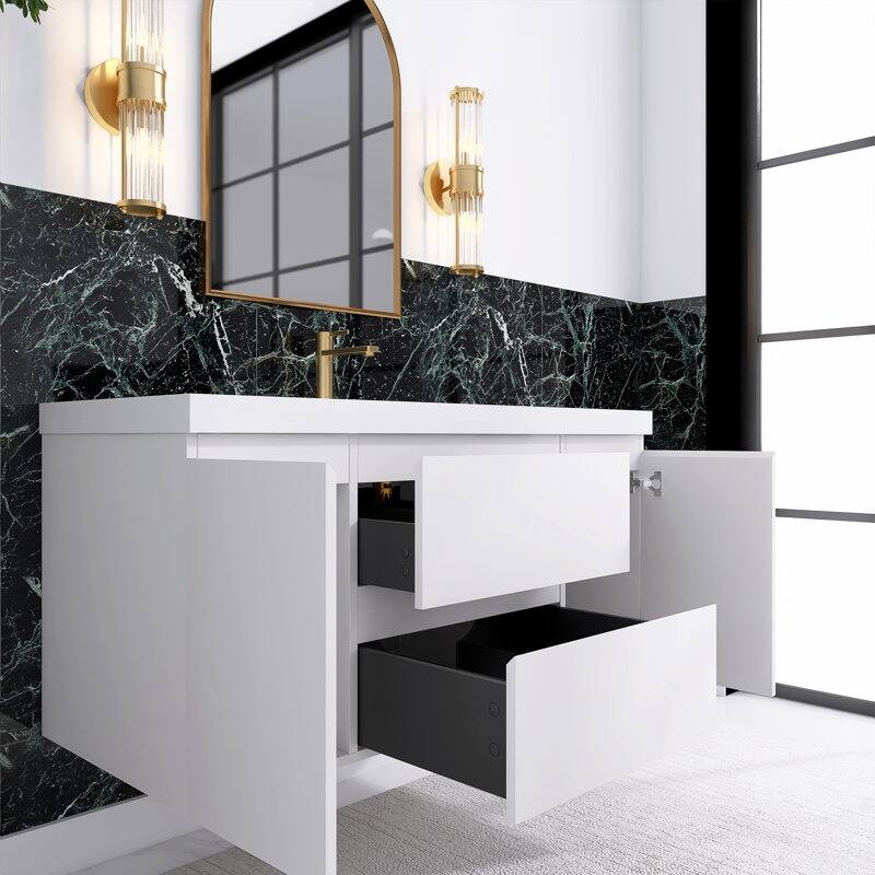 24"/30"/36"/48" Wall-Mounted 2-drawer Bathroom Vanity Set with Integrated Resin Sink
