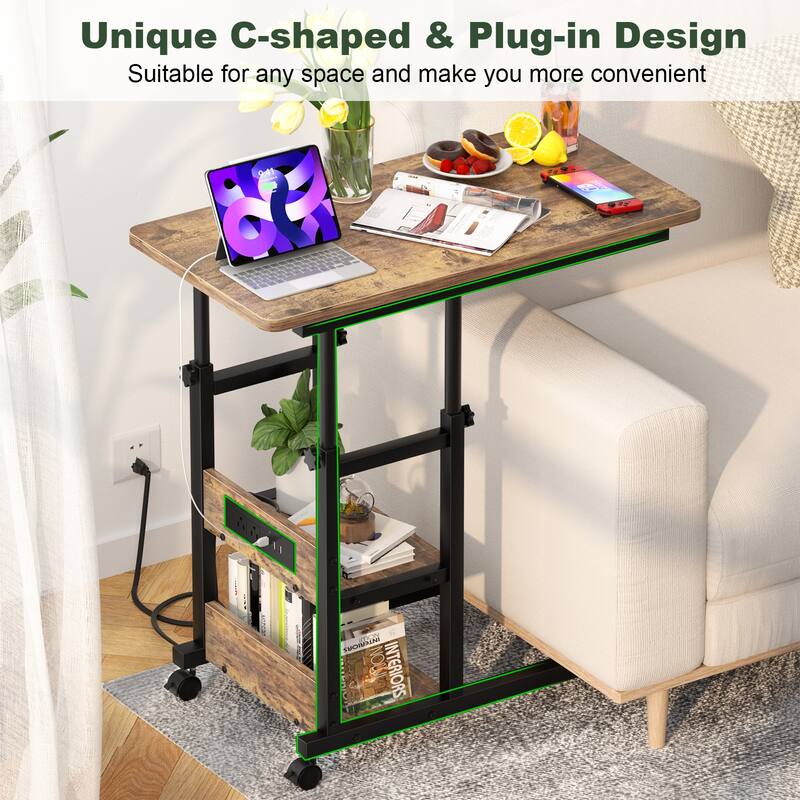 Rollway C-Shaped End Table with Charging Station, Rolling Mobile Laptop Side Table with Wheels