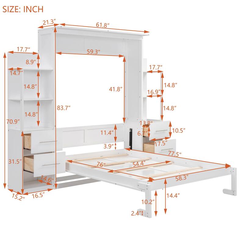 Murphy Bed Foldable Bed with Two 4-Layer Shelves Space Optimizing Wall Bed with 4 Drawers and LED Lights for Bedroom Apartment