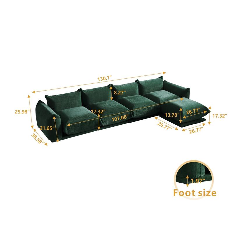 130.7” L-shape Chenille Modular Sofa Modern Sectional Semi-firm Sofa Couch with Ottoman