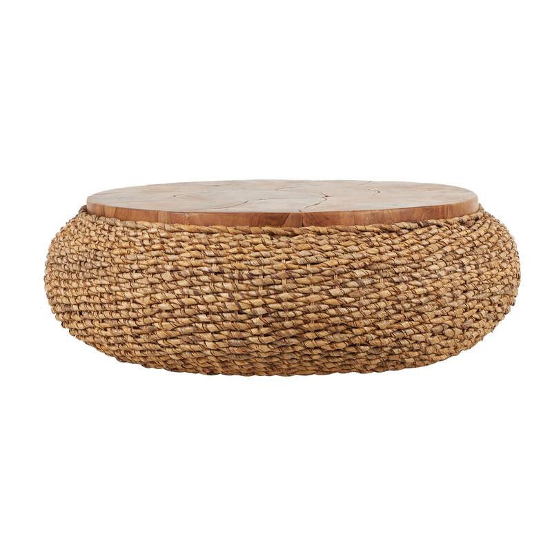 Rattan Wrapped Coffee Table with Teak Tabletop - Brown - Roche River Decor - 47"W x 47"L x 15"H