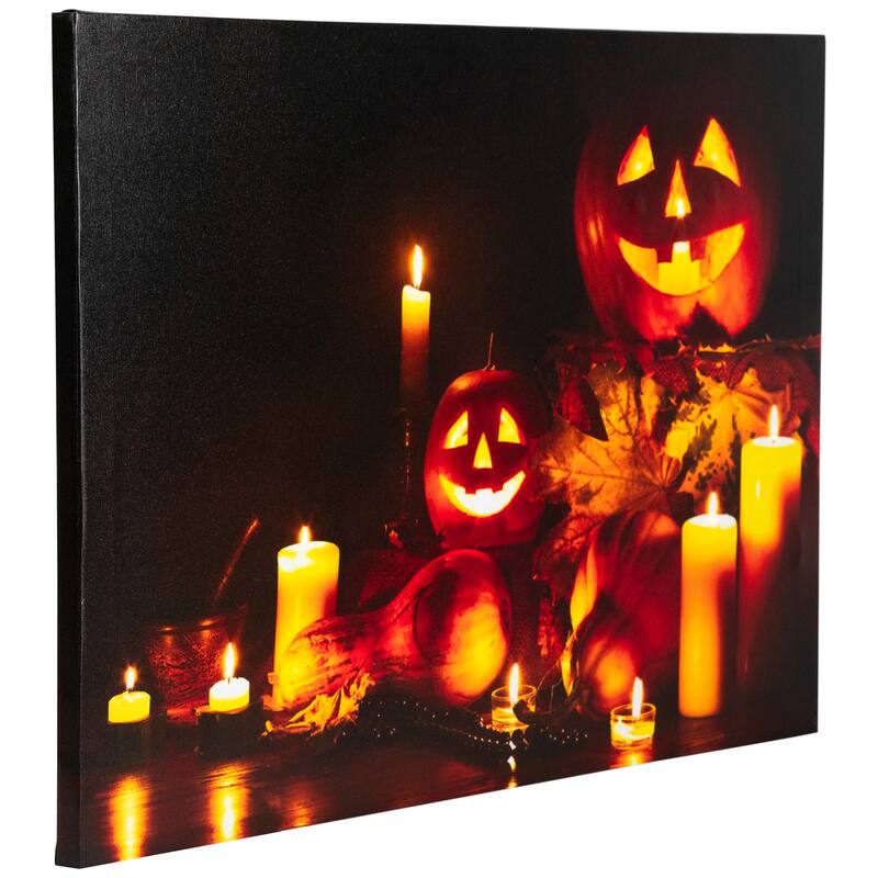 LED Jack-O-Lanterns & Leaves Halloween Canvas Wall Art 15.75"x23.5"