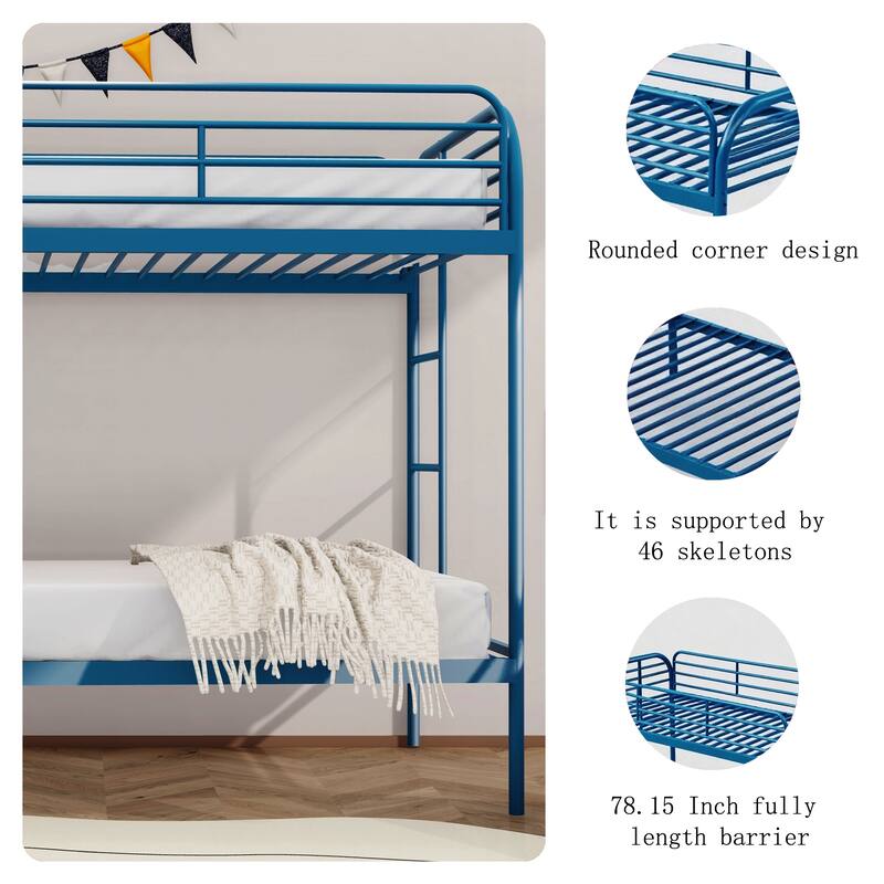 Twin Over Twin Metal Bunk Bed with Dual Ladders, Full Length Guardrails, Heavy Duty Frame, No Box Spring Needed
