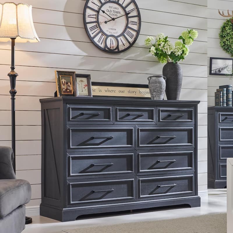 Farmhouse 9 Drawers Dresser Chests for Bedroom, Wood Chest of Drawers - Black
