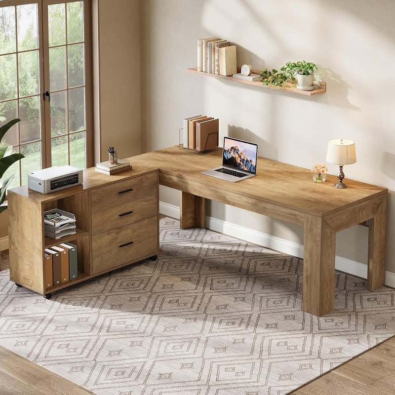 63" L Shaped Executive/Computer Desk/Table Mobile File Cabinet with Drawers/Shelves Home Office Business Furniture