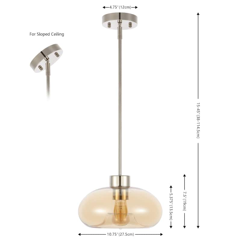 SAFAVIEH Lighting Berivan Glass Shade Pendant - 11 In. W x 11 In. D x 15-45 In. H - Amber/Nickel - 11Wx11Dx45H