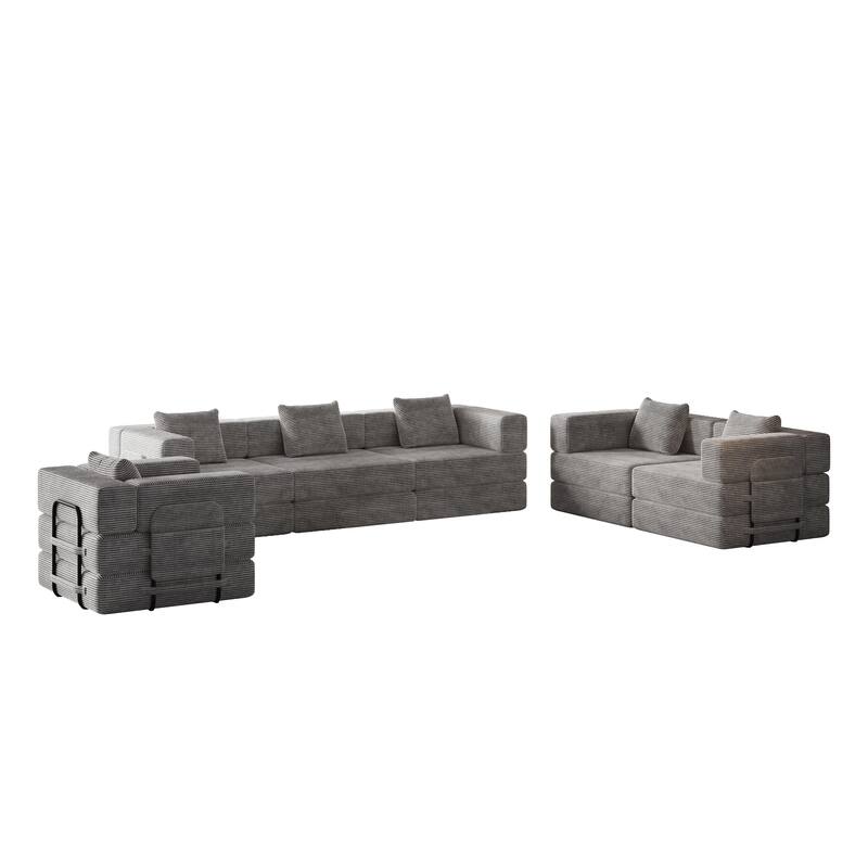 Corduroy Folding Loveseat Couch Set of 3 Convertible Sleeper Sofa Bed with Side Pockets, Modular Floor Mats with Anti-slip Pads