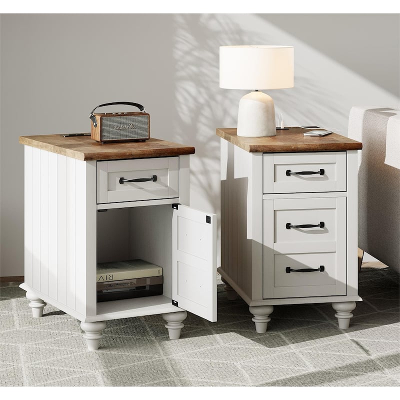 Nightstand End Table With Charging Station for Living Room Bedroom - White - 2-drawer