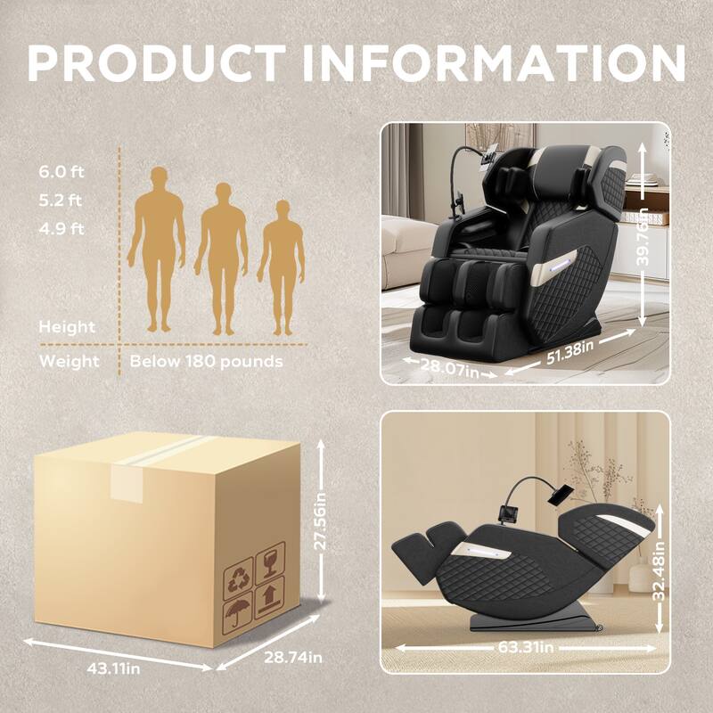 Ergonomic Zero Gravity Full Body Massage Chair with Airbag Therapy, Heating and Bluetooth, Adjustable Footrest