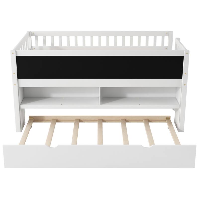 Twin Size Solid Platform Bed With Trundle And Blackboard - 2 Storage Shelves, No Box Spring Needed