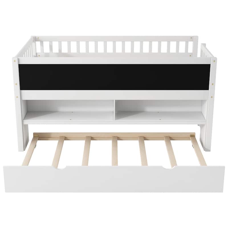 Wood Low Loft Bed with Storage Shelvesboard and Trundle