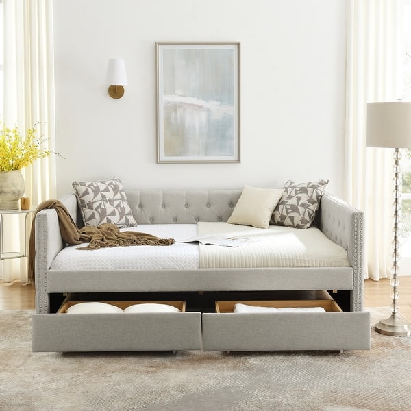 slide 2 of 29, Upholstered Full Size Daybed with Two Drawers Tufted Sofa Bed Beige