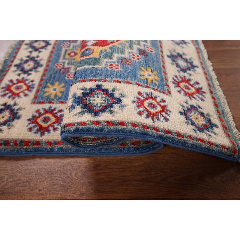 Blue Geometric Kazak Accent Rug Handmade Wool Carpet - 2'0" x 3'2"