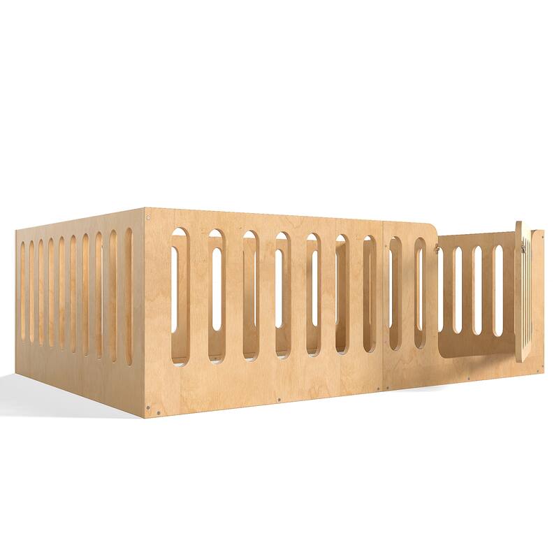 Toddlers Montessori Floor Bed with High Fence, Door, Low Profile Platform Bed Frame for Kids with No Box Spring Needed, No Slats
