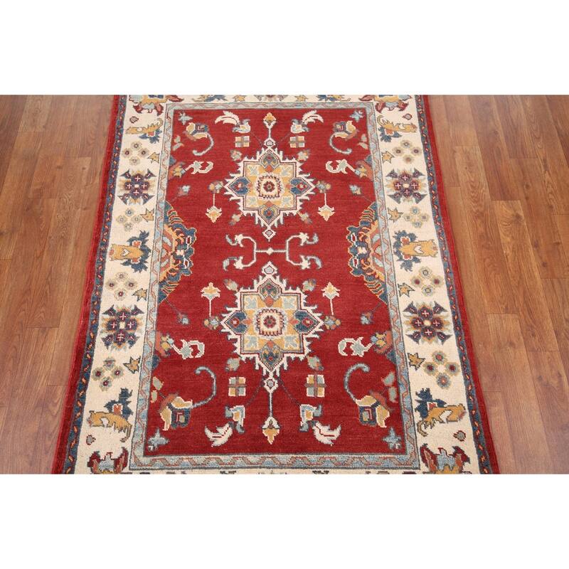 Red Geometric Kazak Foyer Rug Hand-Knotted Traditional Wool Carpet - 3'4" x 4'8"