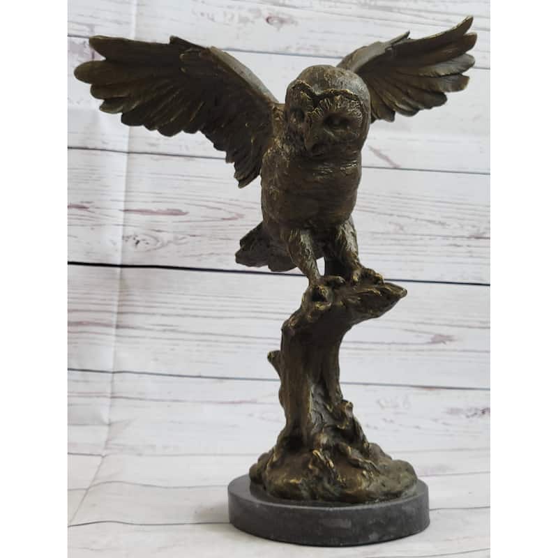 Bronze Marble Base Owl Bird Sculpture Statue Figure Art Decor Hot Cast Figurine