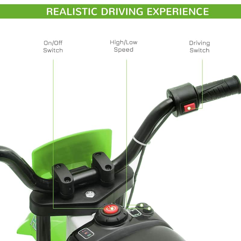 Motorcycle Dirt Bike Electric Battery-Powered Ride-On Toy Off-road Street Bike with Charging Battery, Training Wheels Green