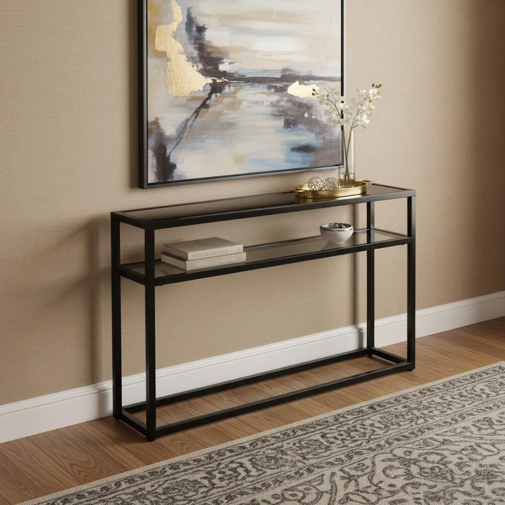 HomeRoots 50" Black Glass Frame Console Table With Shelves - 50.25 in. x 30.25 in. x 10.00 in.