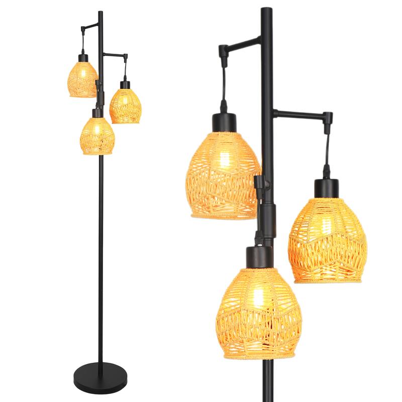 3-Light Woven Rattan Globe Tree Tall Floor Lamp