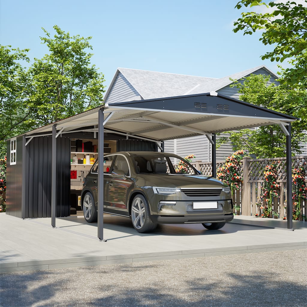 12'x23'Metal Carport Storage Shed,Heavy Duty Steel Garage with Sliding Door,UV Panel & Sloped Roof,Reinforced Structure