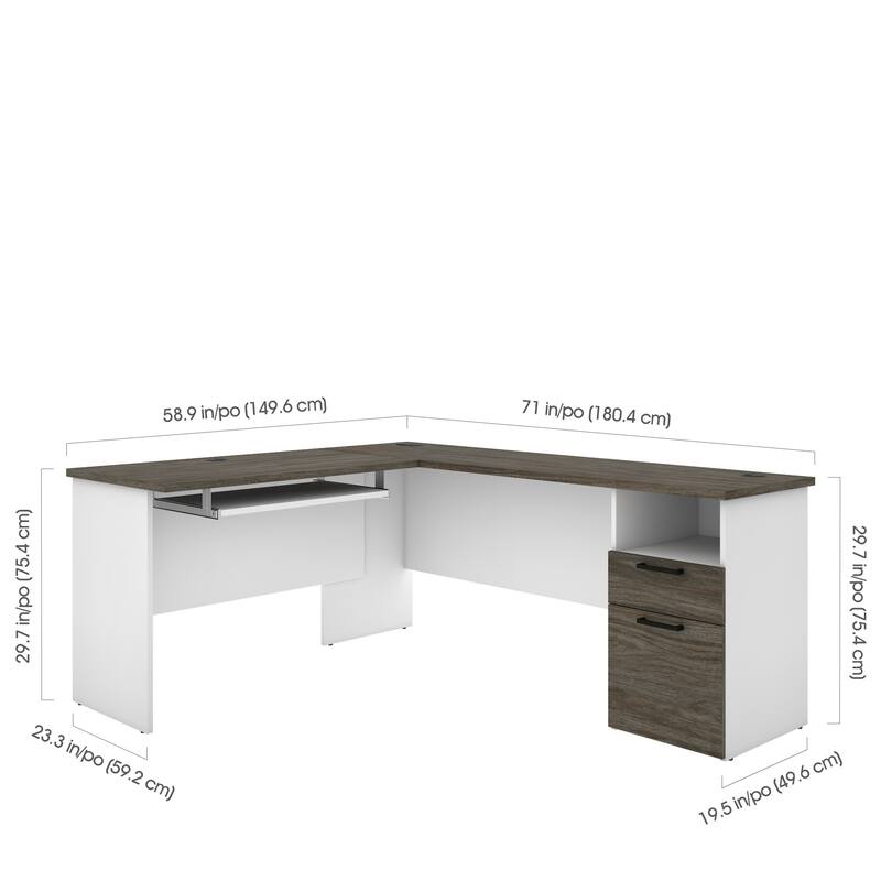 Bestar Norma 71W L-Shaped Desk with Drawers and Keyboard Tray