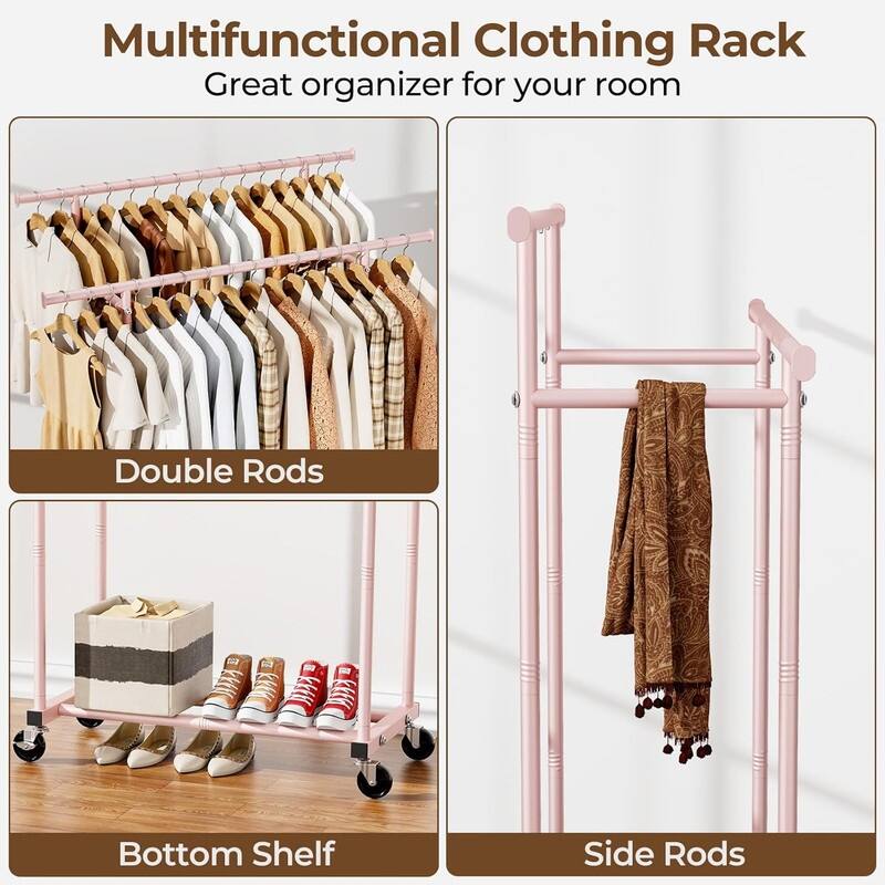 Double Rods Clothes Rack, Rolling Clothing Rack for Hanging