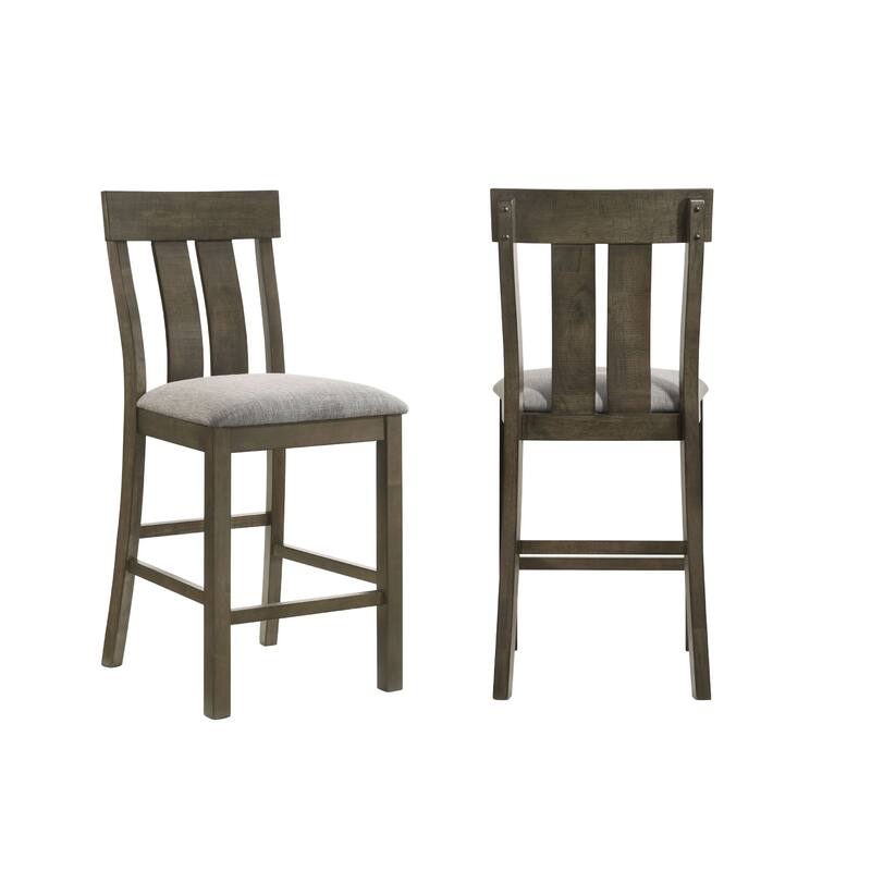 Counter Height Dining Chair Set of 2, Brown Slatted Back, Gray Fabric